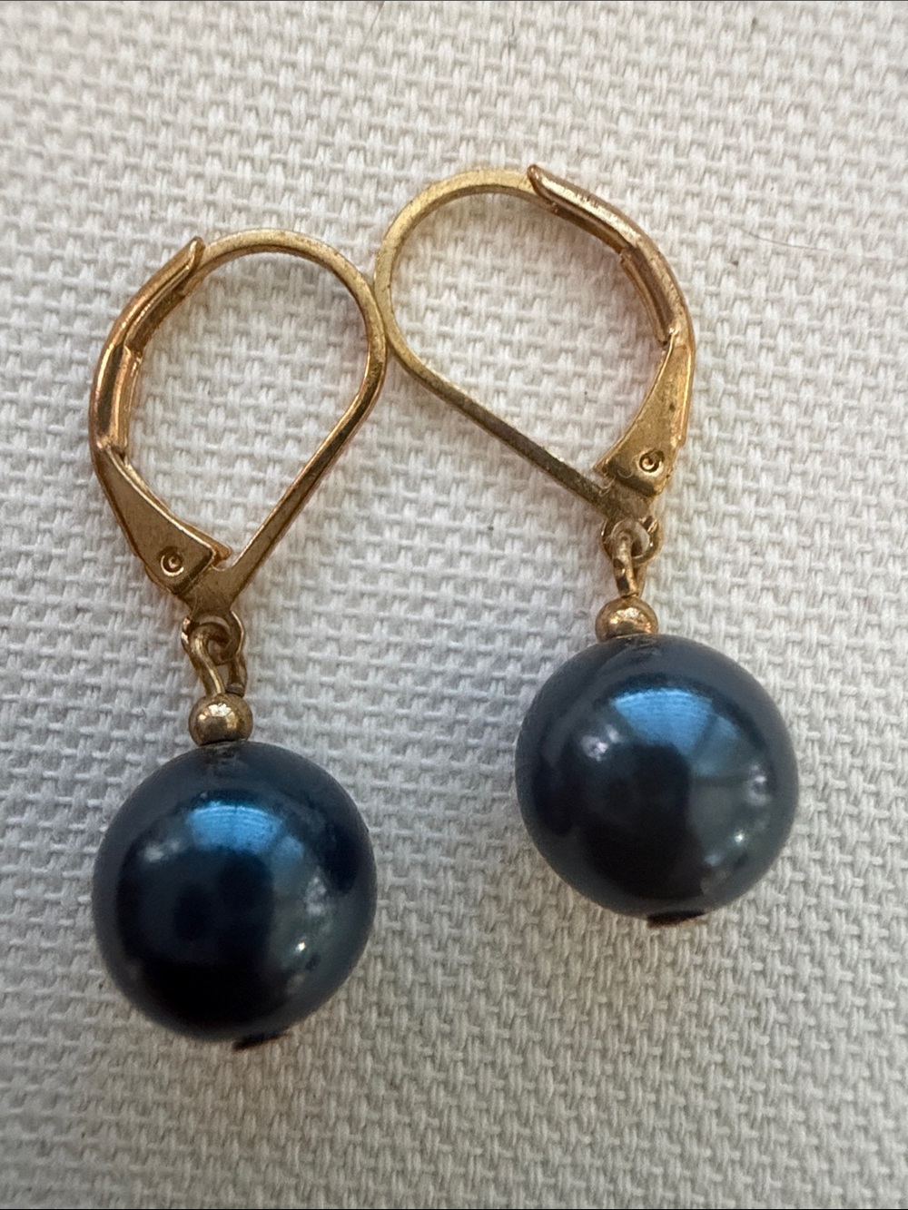 Gold Leverback Earrings with Dark Blue Pearl Drops
